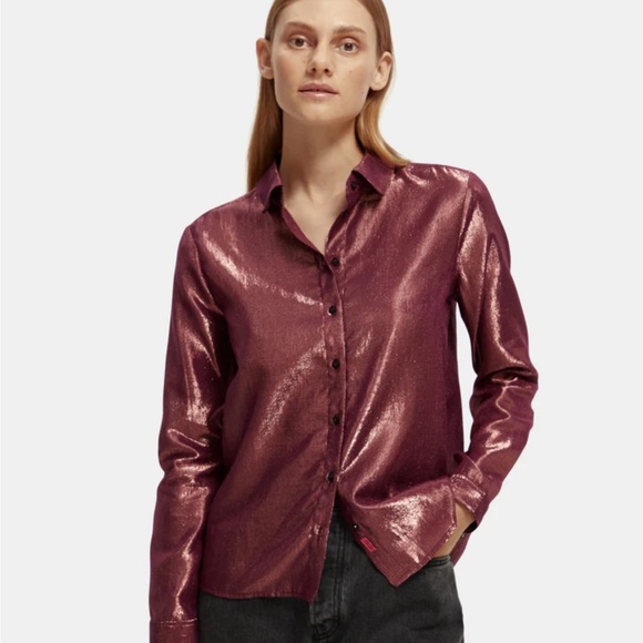 Scotch & Soda Cotton/Lurex Regular Fit Button Down Shirt in Aubergine. - Picture 7 of 13